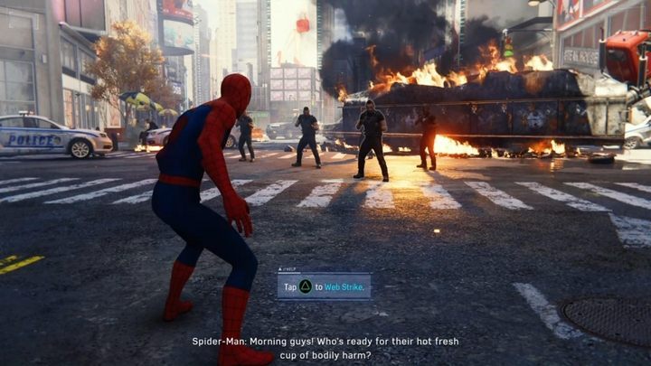 Once you get there, you will be witness to a scene in which the police will be surrounded by a group of criminals - Marvels Spider-Man: Clearing the Way - walkthrough - Main missions - Spider-Man Game Guide