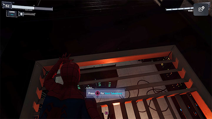 While squizzing through the shaft, you can stand on the grate above the enemy and eliminate them silently (Vent Takedown - square on the gamepad) - Marvels Spider-Man: The Main Event - walkthrough - Main missions - Spider-Man Game Guide