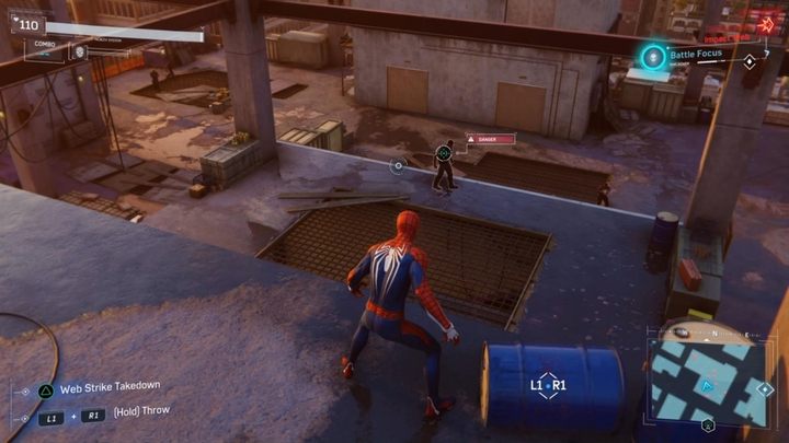 You start this fight from hiding, and you should use this opportunity to perform stun attacks on the enemies - Marvels Spider-Man: Fisks Hideout - walkthrough - Main missions - Spider-Man Game Guide