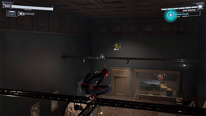 Find a narrow ventilation shaft grate on the wall (picture above) and pull yourself to it - Marvels Spider-Man: Dont Touch The Art - walkthrough - Main missions - Spider-Man Game Guide