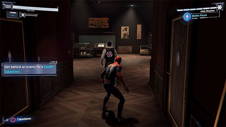 Jump down, sneak behind the enemys back and perform a Stealth Takedown - Marvels Spider-Man: Dont Touch The Art - walkthrough - Main missions - Spider-Man Game Guide