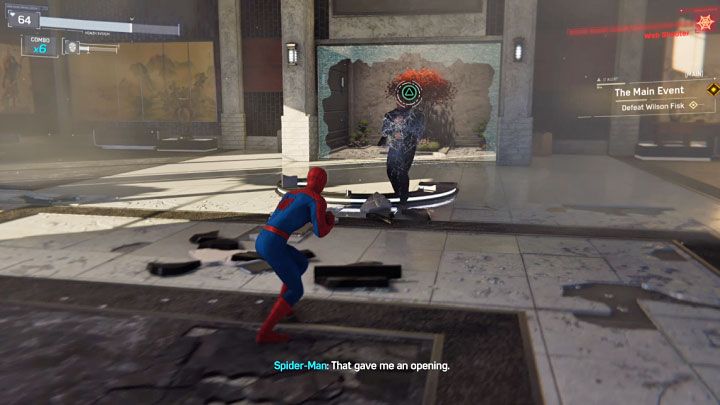 You can immobilize the stunned Fisk with webs (R1 on the gamepad) - Marvels Spider-Man: First Boss Wilson Fisk (The Kingpin) - boss, how to beat? - Bosses - Spider-Man Game Guide