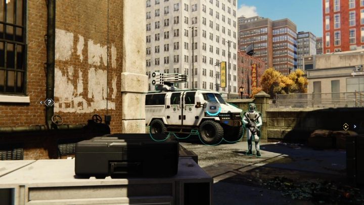 Pass the guard on the right - be careful not to step on the glass on the ground - Marvels Spider-Man: First Day - walkthrough - Main missions - Spider-Man Game Guide