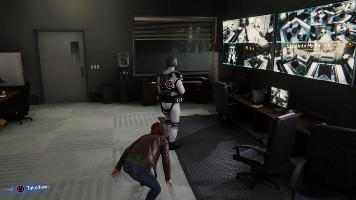 Hide behind the trash bin and get the attention of a Sables mercenary using the sensor - Marvels Spider-Man: Step Into My Parlour... - walkthrough - Main missions - Spider-Man Game Guide