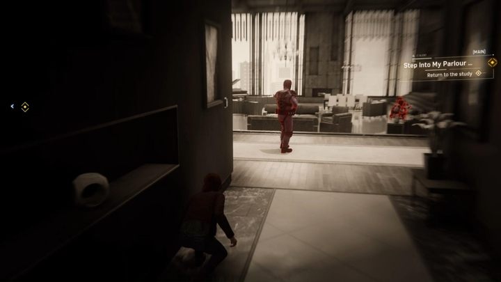 Wait for the guard to stop and run to the left - Marvels Spider-Man: Step Into My Parlour... - walkthrough - Main missions - Spider-Man Game Guide