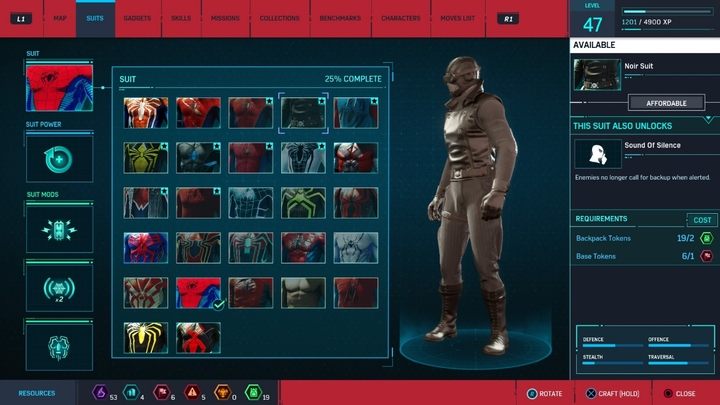 Crafting costs: 1 Base Tokens, 2 Backpack Tokens - Marvels Spider-Man: All in-game suits - Suits and Gadgets - Spider-Man Game Guide