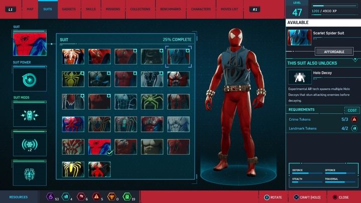 Crafting costs: 2 Landmark Tokens, 3 Crime Tokens - Marvels Spider-Man: All in-game suits - Suits and Gadgets - Spider-Man Game Guide