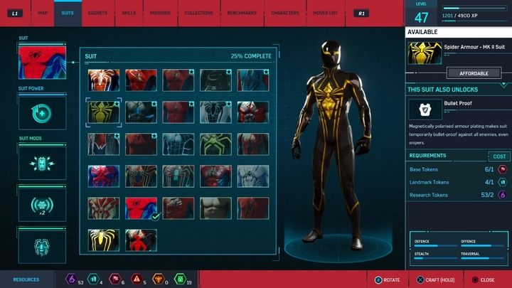 Crafting costs: 2 Research Tokens, 1 Base Token, 1 Landmark Tokens - Marvels Spider-Man: All in-game suits - Suits and Gadgets - Spider-Man Game Guide