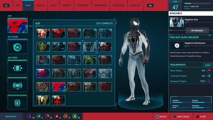 Crafting costs: 1 Research Token, 1 Base Token, 2 Landmark Tokens - Marvels Spider-Man: All in-game suits - Suits and Gadgets - Spider-Man Game Guide