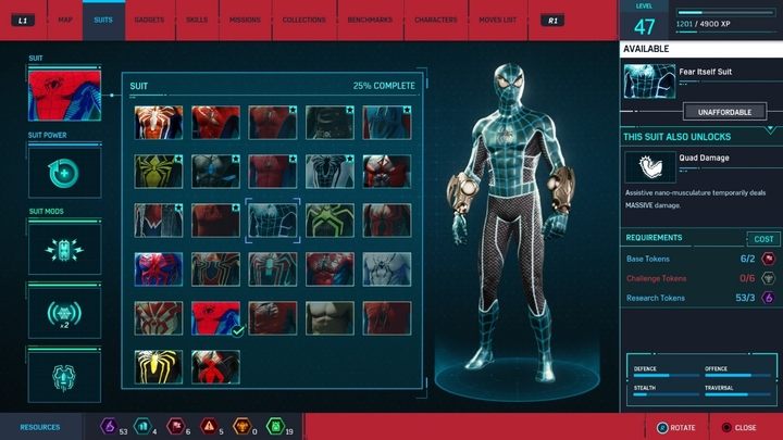 Crafting costs: 3 Research Tokens, 2 Base Tokens, 6 Challenge Tokens - Marvels Spider-Man: All in-game suits - Suits and Gadgets - Spider-Man Game Guide