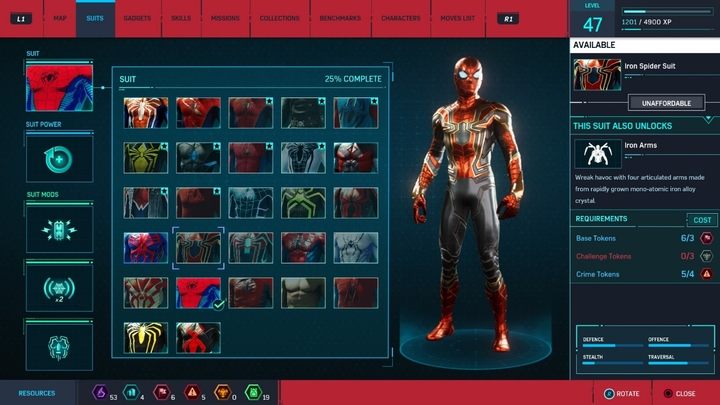 Crafting costs: 3 Base Tokens, 4 Crime Tokens, 3 Challenge Tokens - Marvels Spider-Man: All in-game suits - Suits and Gadgets - Spider-Man Game Guide