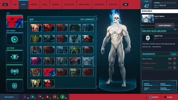 Crafting costs: 6 Base Tokens, 6 Crime Tokens, 6 Challenge Tokens - Marvels Spider-Man: All in-game suits - Suits and Gadgets - Spider-Man Game Guide