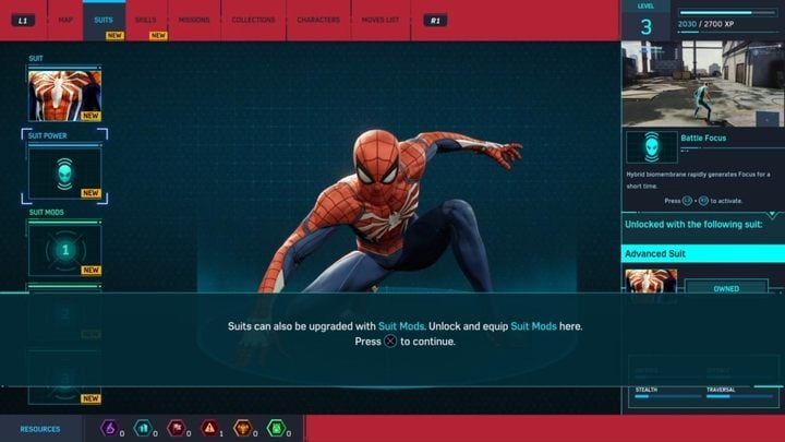 At any given time, the suit can have up to three mods installed - they influence one of the four parameters of the suit: Defense, Attack, Stealth, Traversal - Marvels Spider-Man: List of all suit upgrades - Suits and Gadgets - Spider-Man Game Guide