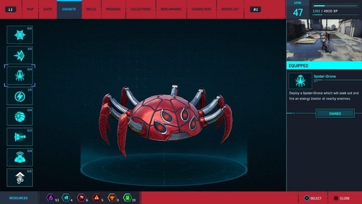 Gadget description: Spider-Drone will search for nearby enemies and attack them with electrical charges - Marvels Spider-Man: Gadgets description - Suits and Gadgets - Spider-Man Game Guide