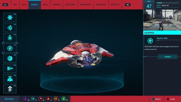 Gadget description: The Electric Web stuns enemies and spreads onto their allies nearby - Marvels Spider-Man: Gadgets description - Suits and Gadgets - Spider-Man Game Guide