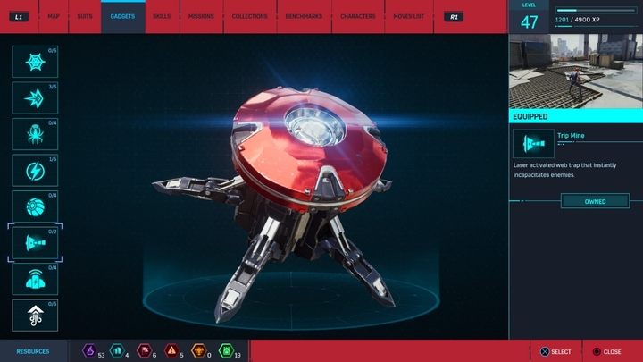 Gadget description: A laser-sensor mine that instantly immobilizes enemies - Marvels Spider-Man: Gadgets description - Suits and Gadgets - Spider-Man Game Guide