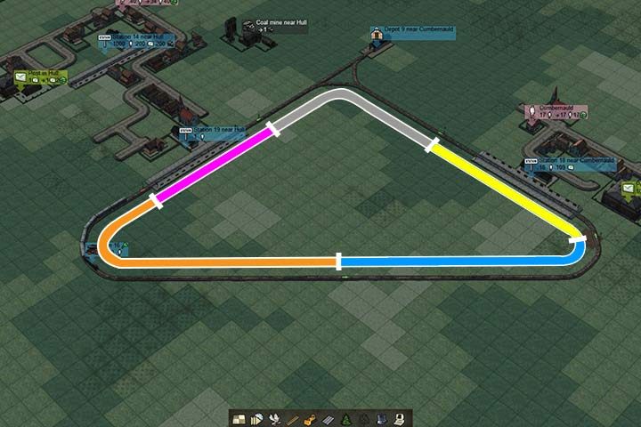 Creating five blocks will speed up the trains. Now you can easily add another train to the loop. - How do the semaphores work? | Building and management - Building and management - Mashinky Game Guide