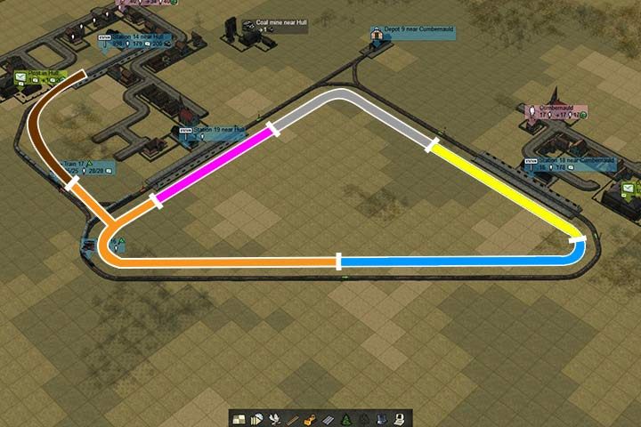 The block on the left side (the brown one) has a single two-directional light. Because this route isnt part of the main loop, the train will wait for a green light that will allow it to enter the next block (orange one). - How do the semaphores work? | Building and management - Building and management - Mashinky Game Guide