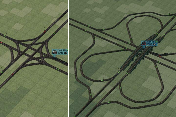 On the left side there is a collision crossroad that slows down the movement of all vehicles. On the right side there is a crossroad without collisions that uses bridges. - Advanced connections and stations | Building and management - Building and management - Mashinky Game Guide