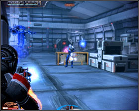 During the battle with the machines you should be using your heavy weapon and it would also be a good idea to rely on technological powers (especially Overload) to damage their armor or shields - Mass Effect 2: Blue Suns Base - N7 walkthrough - N7 quests - Mass Effect 2 Guide & Walkthrough