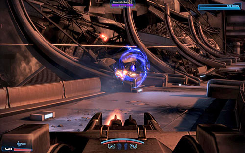 As soon as youve taken control of the turret destroy a nearby barrier engine (screen above) so that enemy units wont receive additional defense - Mass Effect 3: Priority, Thessia - walkthrough - Main Missions - Mass Effect 3 Guide