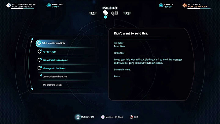 Read Liams e-mail and meet him on Tempest - Liam Kosta: All In (loyalty mission) | Allies and Relationships - Allies and Relationships quests - Mass Effect: Andromeda Game Guide