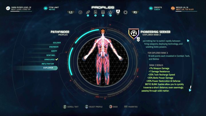 The Explorer profile on the Profile selection screen. - Explorer | Character profiles - Character profiles - Mass Effect: Andromeda Game Guide