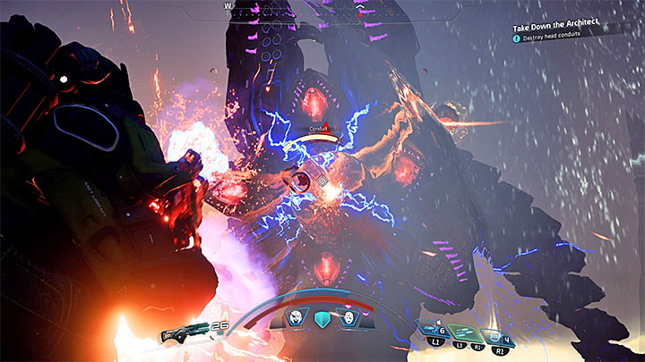 When it becomes possible you must weaken the cables on the Architects head - How to defeat the Remnant Architect on Kadara? | Boss fights | Walkthrough - Boss battles - Mass Effect: Andromeda Game Guide