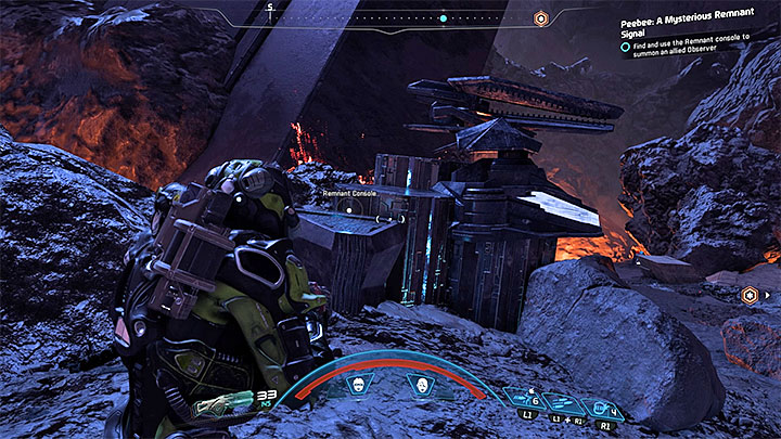 The big boulder is on the right and, after scanning it, you learn that you need to find Observers activation console - Peebee: A Mysterious Remnant Signal (loyalty mission) | Allies and Relationships - Allies and Relationships quests - Mass Effect: Andromeda Game Guide