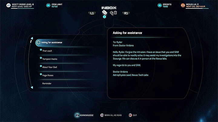 Wait for an e-mail from Doctor Aridana - The Firefighters | Nexus side quests - Nexus - Mass Effect: Andromeda Game Guide
