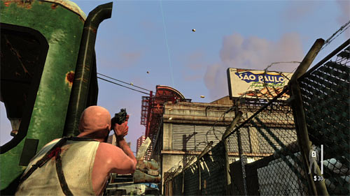 After the cut scene run forward and try to eliminate ASAP two snipers on the roof of the right building - Chapter X - p. 1 - Walkthrough - Max Payne 3 Game Guide & Walkthrough