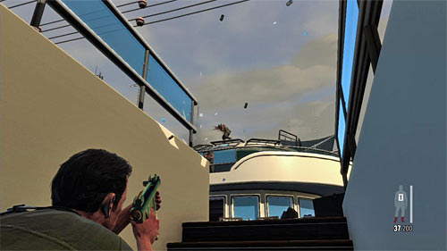 Choose random stairs leading on the upper board, but stop in the middle of the way and crouch (press left analog stick) - Chapter XI - p. 1 - Walkthrough - Max Payne 3 Game Guide & Walkthrough