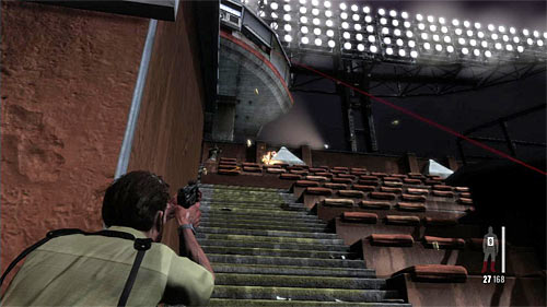 After regaining control wait until two mercenaries appear in the upper part of tribune and fire at them quickly, before they reach covers or fire you back - Chapter III - p. 4 - Walkthrough - Max Payne 3 Game Guide & Walkthrough
