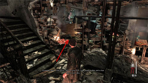 Come to the destroyed stairs BUT before you go up, turn right and go through the hole in the wall shown on the screen above - Chapter IV - p. 2 - Walkthrough - Max Payne 3 Game Guide & Walkthrough