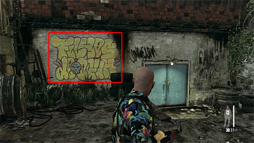 SECRET 5 [Clue 4/9 - Lower Gang Spray Tag]: On the wall, on the left from the blue, closed door - Clues and Golden Guns - Chapter VII - Collectibles - Max Payne 3 Game Guide & Walkthrough