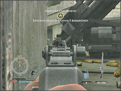 You shouldn't have to spend here more than 40-50 seconds, especially since you'll be able to use your compass to locate enemy troops - Destroy Artillery Guns - Operation Der Flakturm - Medal of Honor: Airborne - Game Guide and Walkthrough