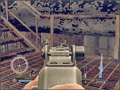 Once you've secured this section of the rail yard, you should proceed to the lower balcony, so you'll have a great view at the northern section of the map - Destroy Panzerzug Cannon Cars - part 2 - Operation Varsity - Medal of Honor: Airborne - Game Guide and Walkthrough