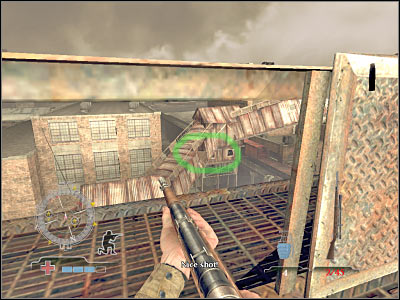 The second sniper is standing on top of one of the northern buildings - Destroy Tanks on Railcars - part 1 - Operation Varsity - Medal of Honor: Airborne - Game Guide and Walkthrough