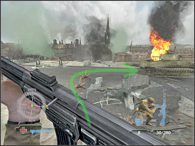 You should still be standing behind the tank - Knock-out Tiger Tank #2 - part 1 - Operation Market Garden - Medal of Honor: Airborne - Game Guide and Walkthrough