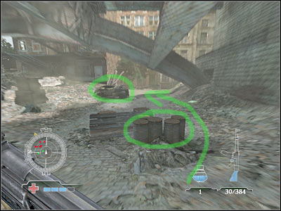 Once you're close enough to the building, you'll be able to hide behind a destroyed car - Assemble with Airborne at Bridge Surface - Operation Market Garden - Medal of Honor: Airborne - Game Guide and Walkthrough