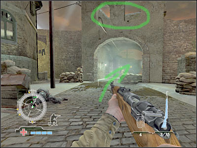 Once you've reached a new location, you'll probably notice that there's a very large group of enemy soldiers in front of you - Destroy Hill Houses AA Gun - part 1 - Operation Husky - Medal of Honor: Airborne - Game Guide and Walkthrough