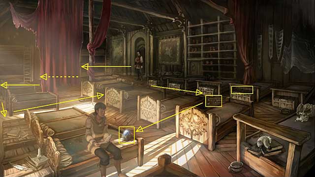 Go straight, go behind a red curtain, around second bed in the left side and then turn between first and second bed on the right and go to third bed (from the side of the chests) - Find the magical power accumulator in the Academy and something that will attract the suspect - Chapter II - Memoria - Game Guide and Walkthrough