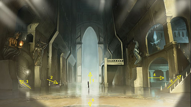 1 - to the dragon hall, 2 - to the ore laboratory, 3 - to the guestroom, 4 - to the underground lake, 5 - to the library, 6 - outside. - Talk to the priest in the library about the Garden of Oblivion - Chapter V - Memoria - Game Guide and Walkthrough