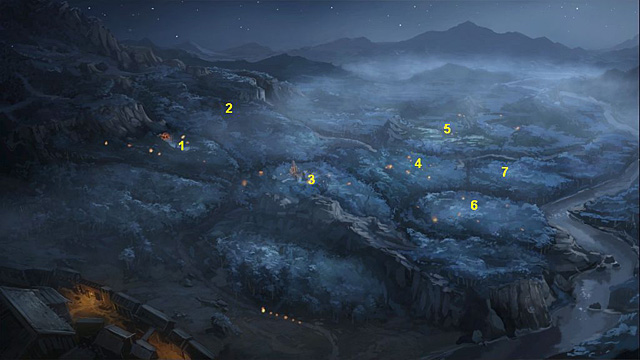 1 - the campground, 2 - the waterfall, 3 - the rock, 4 - the hill, 5 - the bog, 6 - the right part of the forest, 7 - the shore. - Find Fahi and his daughter before the others - Chapter VI - Memoria - Game Guide and Walkthrough