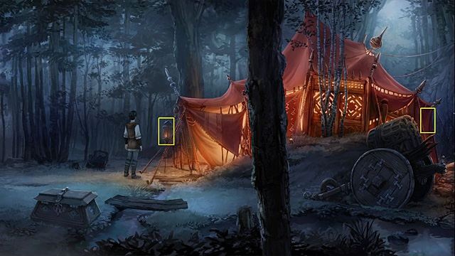 Take a lamp, use the knife with the tent wall and look in - Find Fahi and his daughter before the others - Chapter VI - Memoria - Game Guide and Walkthrough