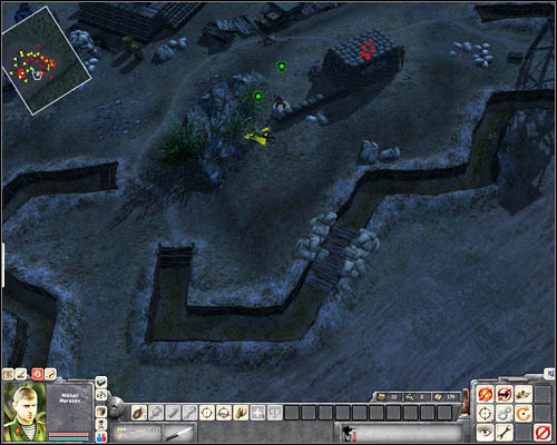 Pick up the knives and use them to eliminate a few more enemies - the first, standing by the building next to the rocks, the second on the watchtower in [31] (you will lose a second knife), and then two sleeping on the junk in [32] and [33] - Mission 5: Happy Tet Day - p. 2 - North Vietnamese - Men of War: Vietnam - Game Guide and Walkthrough