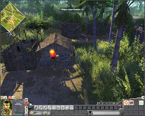 In [23] there's the first weapon cache, but first, you have to take care of four enemy soldiers in [24] - Mission 1: What A Job! - p. 2 - USA - Men of War: Vietnam - Game Guide and Walkthrough