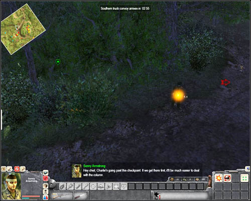 At the same time, select the soldier who is on his way to [3], and when he is near the enemy on the hill, order him to get down and crawl into the bushes you can see in the picture below (right next to the tree) - Mission 3: On the Trail of Uncle Ho - p. 1 - USA - Men of War: Vietnam - Game Guide and Walkthrough