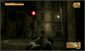 A few steps away the agent is going to turn into the gate and enter the backyard [A] - Midtown Sector - Third act - Eastern Europe - Metal Gear Solid 4: Guns of the Patriots - Game Guide and Walkthrough