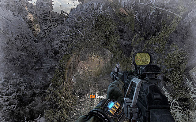 Head towards the crater, reaching after few moments a place where the Dark One is hiding - Find the Dark One in the Gardens | Chapter 2: Ashes - Chapter 2: Ashes - Metro: Last Light Game Guide